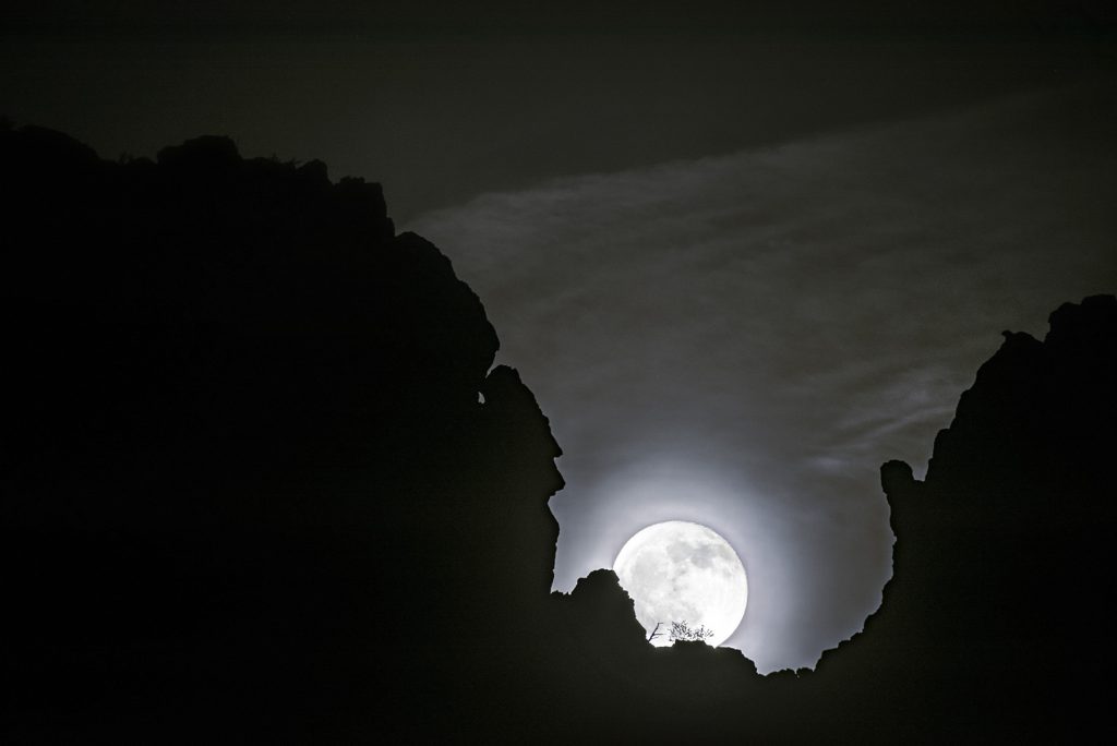 Moonrise in the gunsight notch at Seneca Rocks in West Virginia